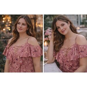 Romantic Dusty Rose Lace-Up Off-Shoulder Georgette Blouse Floral Size L